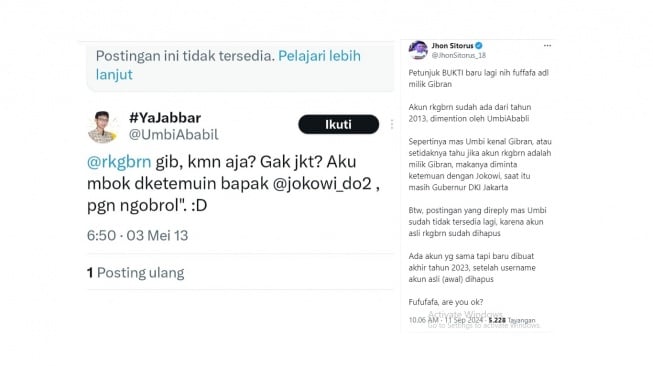 Cuitan warganet perihal akun Twitter Gibran. [X/JhonSitorus_18]