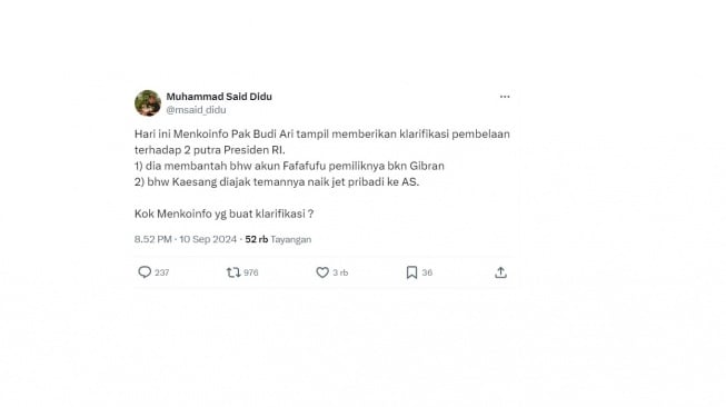 Cuitan warganet soal klarifikasi Budi Arie. [X/msaid_didu]