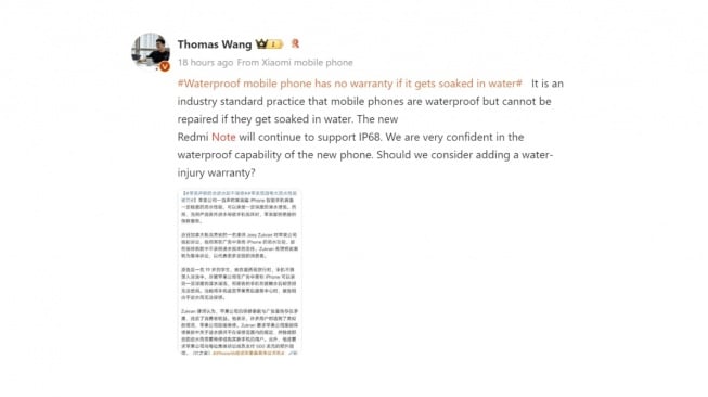 Unggahan Weibo Thomas Wang. [Weibo]