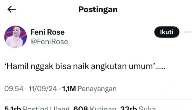 Unggahan Feni Rose di media sosial X yang diduga menyindir Erina Gudono (X/FeniRose)