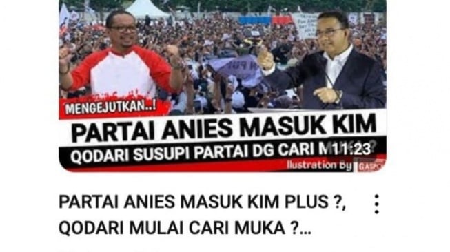 Thumbnail unggahan video Youtube yang menarasikan Anies dirikan partai dan bergabung di Pemerintahan KIM plus. Faktanya, narasi judul tidak sesuai dengan isi video. (YouTube)