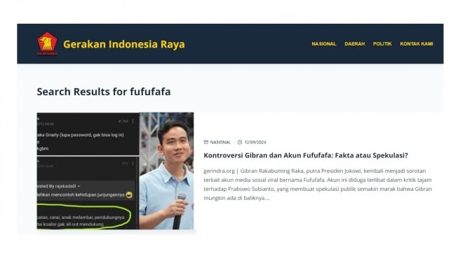 Situs web Gerindra yang memberitakan soal Fufufafa. [gerindra.org]