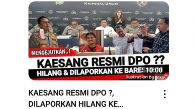 Tumbnail unggahan YouTube yang menarasikan Kaesang jadi DPO setelah hilang dan dilaporkan ke Bareskim. Faktanya, narasi judul tidak sesuai dengan isi berita. (YouTube)