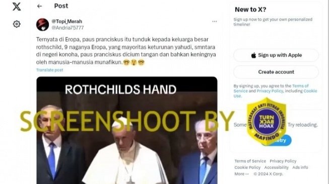 Tangkapan layar unggahan dengan narasi Paus Fransiskus tunduk kepada keluarga besar Rothschild. Faktanya narasi tersebut tidak benar. (Turnbackhoax)