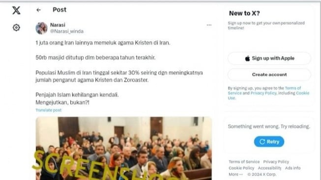 Tangkapan layar unggahan dengan klaim populasi muslim di Iran tinggal 30 persen. Namun faktanya klaim tersebut tidak benar. (Turnbackhoax)