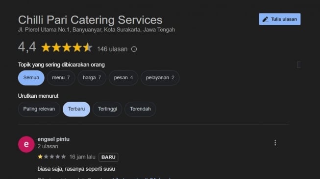 Tangkap layar ulasan Google bisnis katering Chilli Pari (Google)