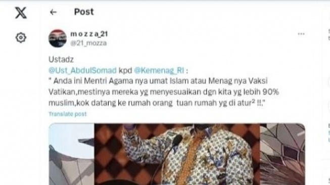 Cek Fakta: Ustaz Abdul Somad ke Menag Yaqut: Anda Menteri Agama Umat Islam atau Vatikan