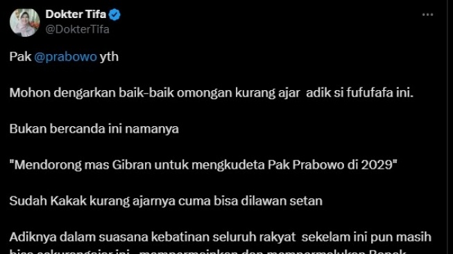 Unggahan Dokter Tifa soal celotehan Kaesang Pangarep (X/DokterTifa)