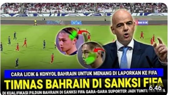 Tangkapan layar thumbnail unggahan YouTube dengan klaim Bahrain disanksi FIFA. Faktanya, klaim tersebut tidak benar.