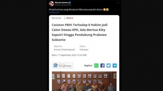 Akun X sentil mertua Kiky Saputri. (Twitter/Mdy_Asmara1701)