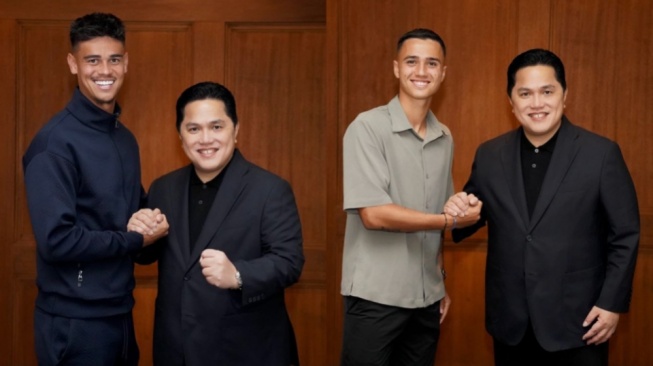 Erick Thohir bersalaman dengan dua calon penggawa anyar Timnas Indonesia. (Instagram/erickthohir)