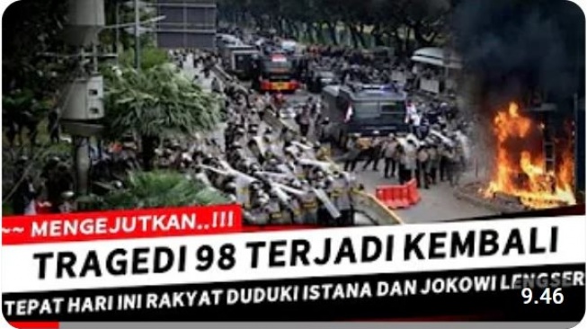 Thumbnail unggahan Youtube yang memuat klaim bahwa rakyat menduduki istana negara dan Jokowi lengser dari jabatannya sebagai Presiden. Faktanya, klaim terebut tidak benar.