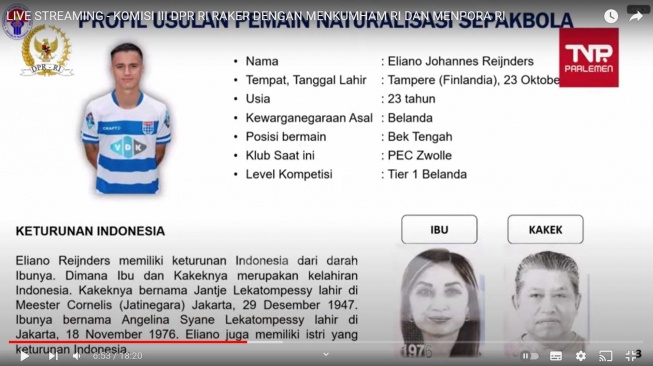 Silsilah lengkap garisketurunan Indonesia Eliano Reijnders. [Dok. Tangkapan layar YouTube DPR RI]