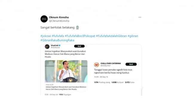 Cuitan perbandingan sikap Jokowi dan Gibran. [X/OknumKonoha]