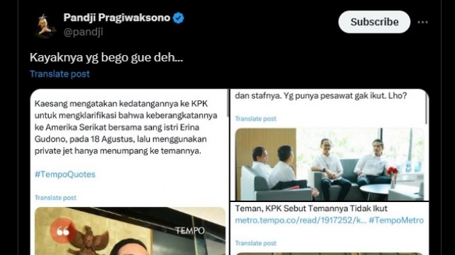 Tanggapan Pandji Pragiwaksono usai Kaesang Pangarep ngaku nebeng jet pribadi teman (X/pandji)