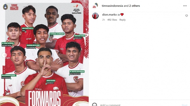 Komentar Dion Markx dukung timnas Indonesia U-20. (Instagram/@timnasindonesia)