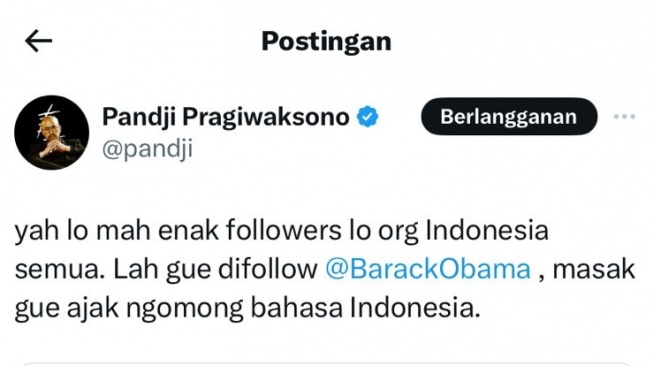 Akun X Pandji Pragiwaksono diikuti oleh Barack Obama (X/pandji)