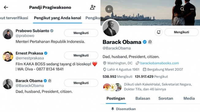 Akun X Pandji Pragiwaksono diikuti oleh Barack Obama (X/pandji)