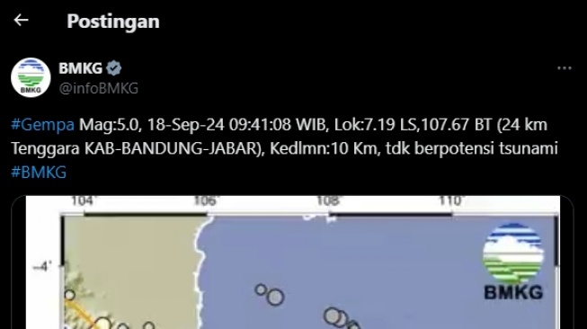 Informasi BMKG soal gempa bumi yang terjadi di kawasan Kabupaten Bandung pada pagi tadi. (tangkapan layar/X)