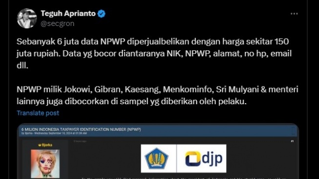 Unggahan soal dugaan kebocoran data NPWP (X/Teguh Aprianto)