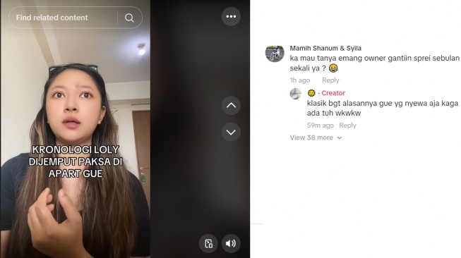 Unggahan penghungi satu apartemen yang sama dengan Lolly (TikTok)