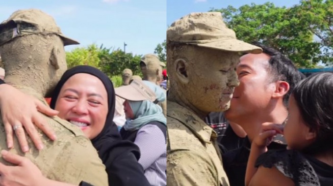 Denny Cagur dan Shanty Denny memeluk sang putra, Fabian Muhammad Yahva. [TikTok]