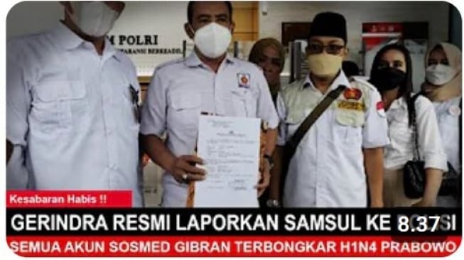 Thumbnail unggahan Youtube yang memuat klaim bahwa Gerindra melaporkan Gibran ke polisi. Faktanya, klaim terebut tidak benar.