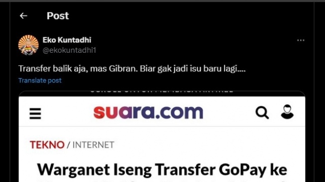 Tangkap layar unggahan pegiat media sosial Eko Kuntadhi soal Gibran (X/ekokuntadhi1)