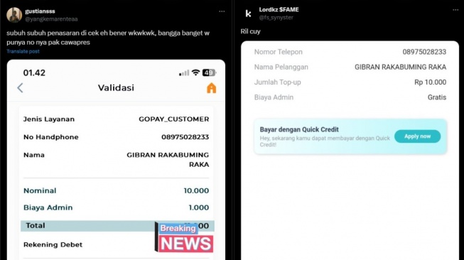 Tangkap layar unggahan netizen coba mengirim GoPay ke diduga nomor Gibran (X)