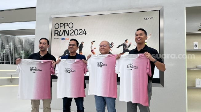 Oppo dan BRI saat konferensi pers event Oppo Run 2024 yang digelar di Jakarta pada Jumat (20/9/2024). [Suara.com/Dicky Prastya]