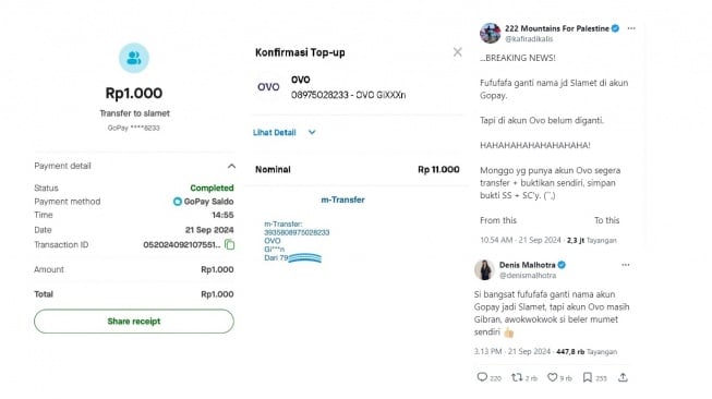 Warganet iseng transfer Ovo ke nomor HP Gibran. [X/denismalhotra/kafiradikalis]