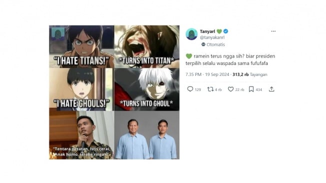 Meme Eren Attack on Titan dan Gibran Rakabuming. [X/tanyakanrl]