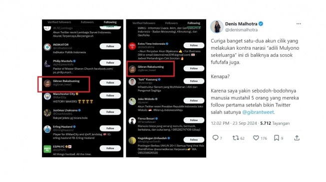 Cuitan warganet soal akun X pembela Jokowi. [X/denismalhotra]