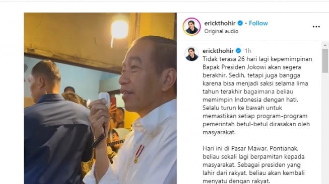 Presiden Jokowi saat blusukan ke Pasar Mawar, Pontianak sekaligus berpamitan jelang dirinya lengser. (tangkapan layar/Instagram Erick Thohir)