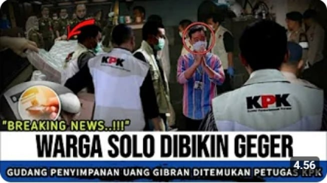 Tangkapan layar thumbnail unggahan YouTube yang mengklaim KPK menemukan gudang uang milik Gibran. Faktanya kalim tersebut tidak benar. (Suara.com/Tangkapan layar)