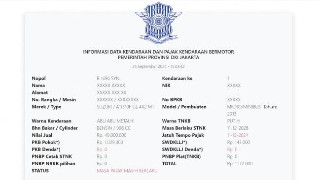 Pajak mobil yang ditunggani Vadel Badjideh (Samsat DKI Jakarta)