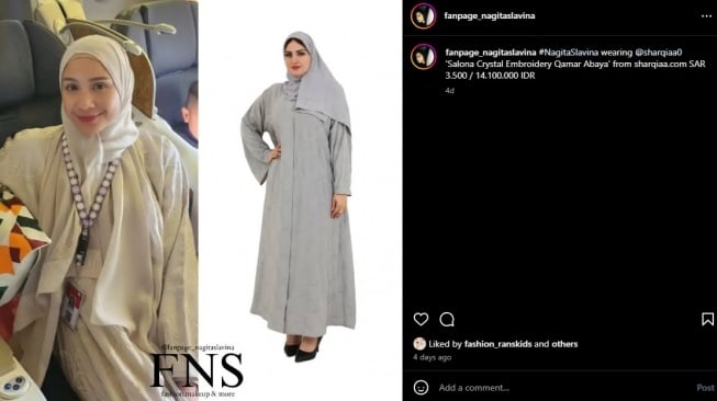 Baju umrah Nagita Slavina bersulam kristal. (Instagram/fanpage_nagitaslavina)