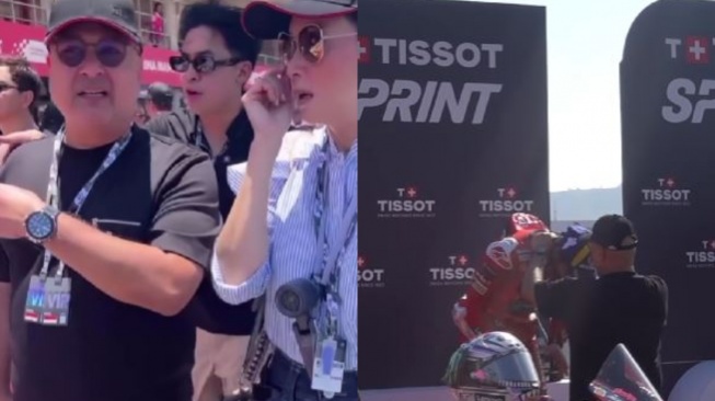 Momen Irwan Mussry dan Maia Estianty di Sprint Race MotoGP Mandalika 2024. [TikTok]