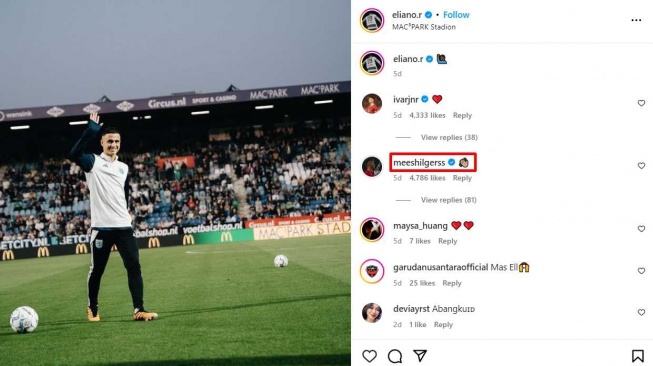 Mees Hilgers memberi pesan kepada Eliano Reijnders dalam salah satu unggahan foto di Instagram. [Dok. Tangkapan layar IG Eliano Reijnders]