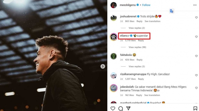 Eliano Reijnders memberi pesan kepada Mees Hilgers dalam salah satu unggahan foto di Instagram. [Dok. Tangkapan layar IG Mees Hilgers]