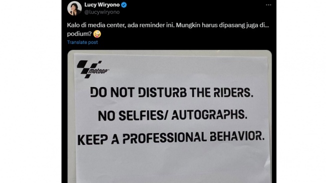 Postingan Lucy Wiryono soal aturan di MotoGP (X)