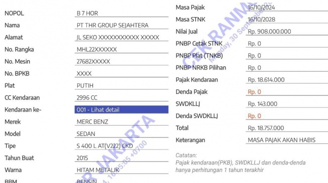 Pajak mobil yang dipamerkan Thariq Halilintar (Samsat DKI Jakarta)