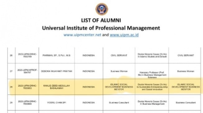 Nama Ustaz Khalid Basalamah dalam list alumni UIPM (X/@mazzini_gsp)