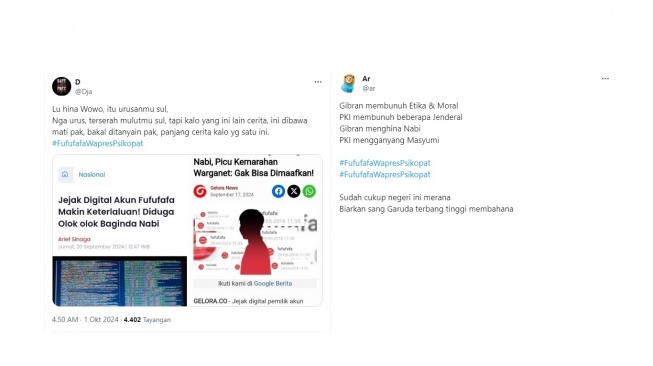 Beberapa cuitan warganet di tagar #FufufafaWapresPsikopat. [tangkapan layar]
