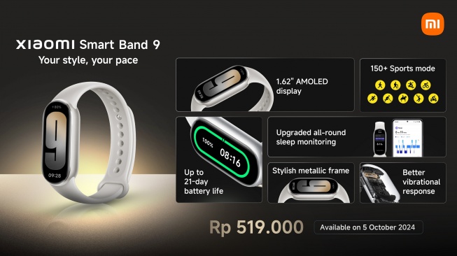 Xiaomi Smart Band 9 varian Titanium yang resmi diluncurkan ke Indonesia bareng Xiaomi 14T series pada Selasa (1/10/2024). [Xiaomi Indonesia]