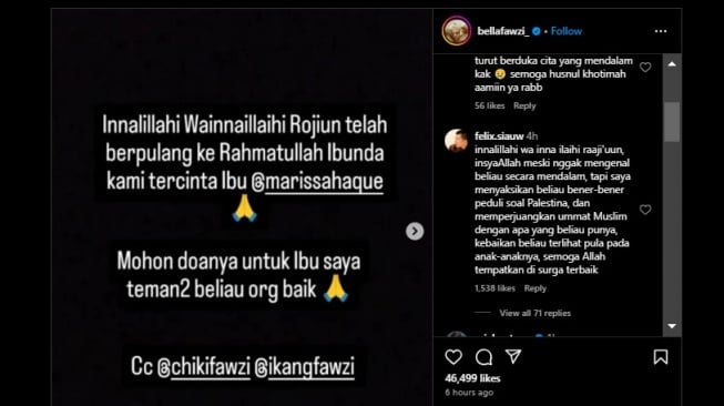 Tangkapan layar ustaz Felix Siauw menyampaikan duka cita atas meninggalnya Marissa Haque. [Instagram]