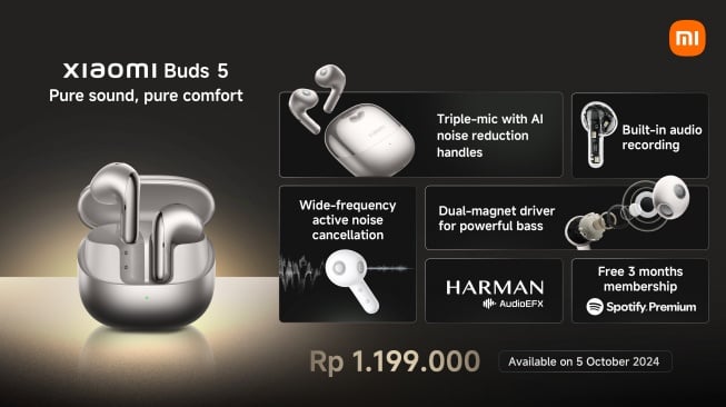 TWS Xiaomi Buds 5 yang resmi diluncurkan ke Indonesia bareng Xiaomi 14T series pada Selasa (1/10/2024). [Xiaomi Indonesia]