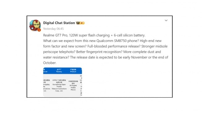 Bocoran Realme GT 7 Pro. [Weibo/DCS]