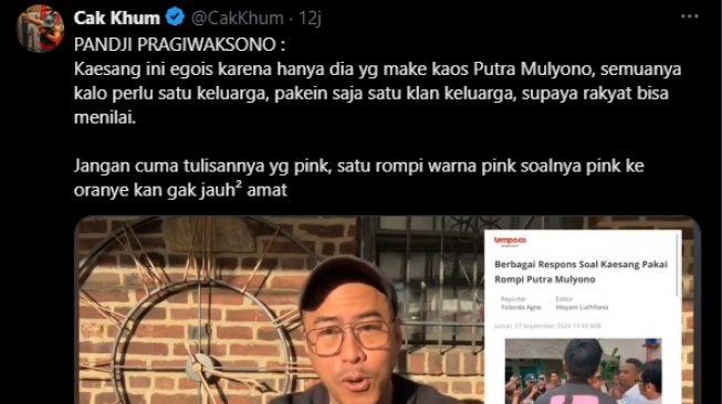 Cuplikan video Pandji Pragiwaksono saat mengomentari soal rompi Kaesang bertuliskan 'Putra Mulyono' turut dibagikan di platform X. (tangkapan layar/X)