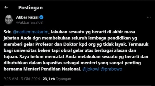 Cuitan Akbar Faizal yang mengkritik Mendikbudiristek Nadiem Makarim. (tangkapan layar/X)